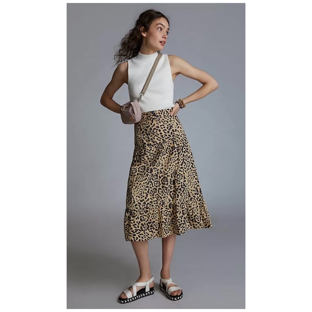 Faithfull The Brand Anthropologie Farida Hand Printed Leopard Print Midi Skirt S